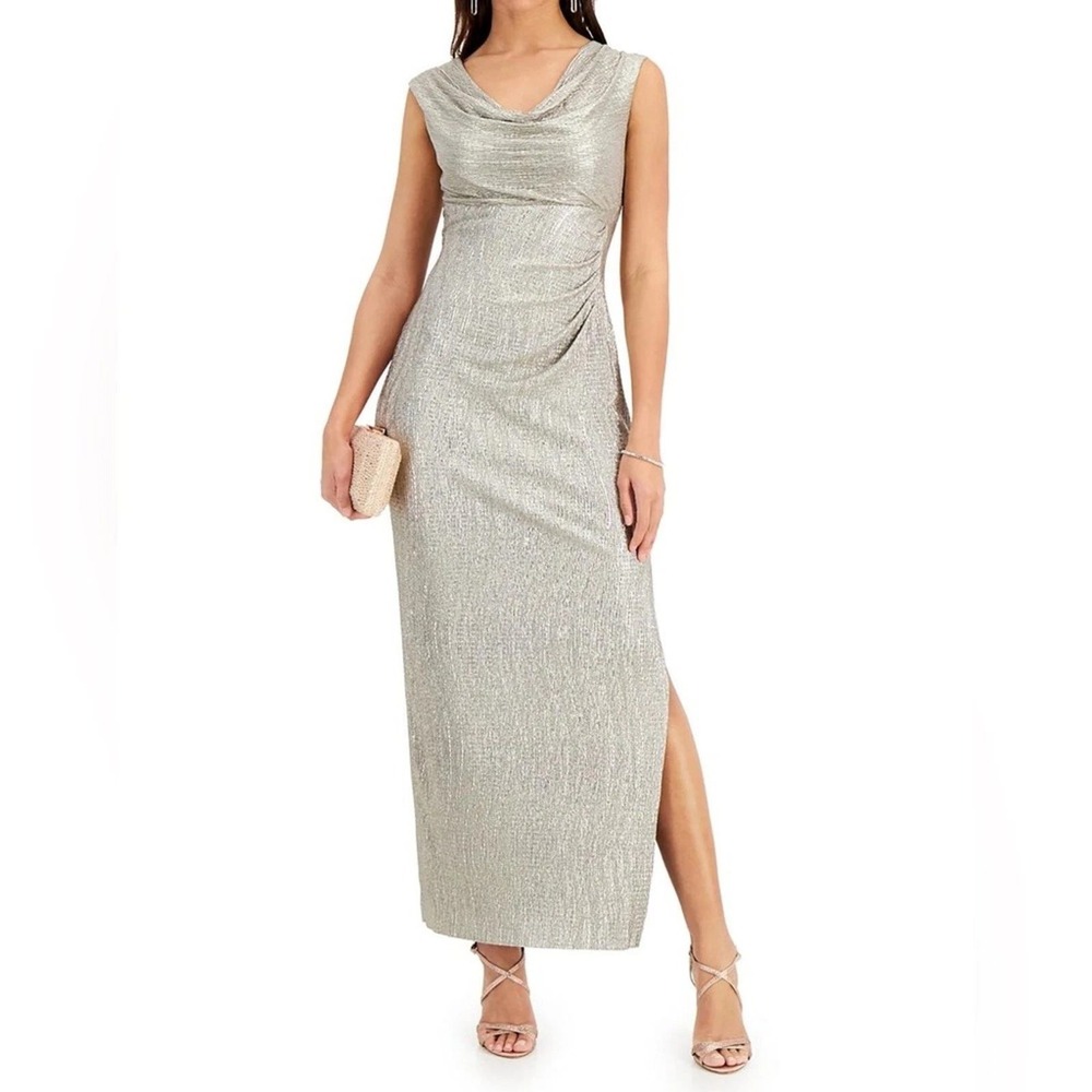 Connected Apparel Maxi Dress Metallic Gray Evening Formal Party Size 6 NWT